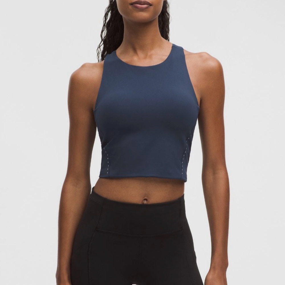 EUC LULULEMON SWIFT SPEED CROPPED TANK TOP IN CLIB BLUE, SIZE 12